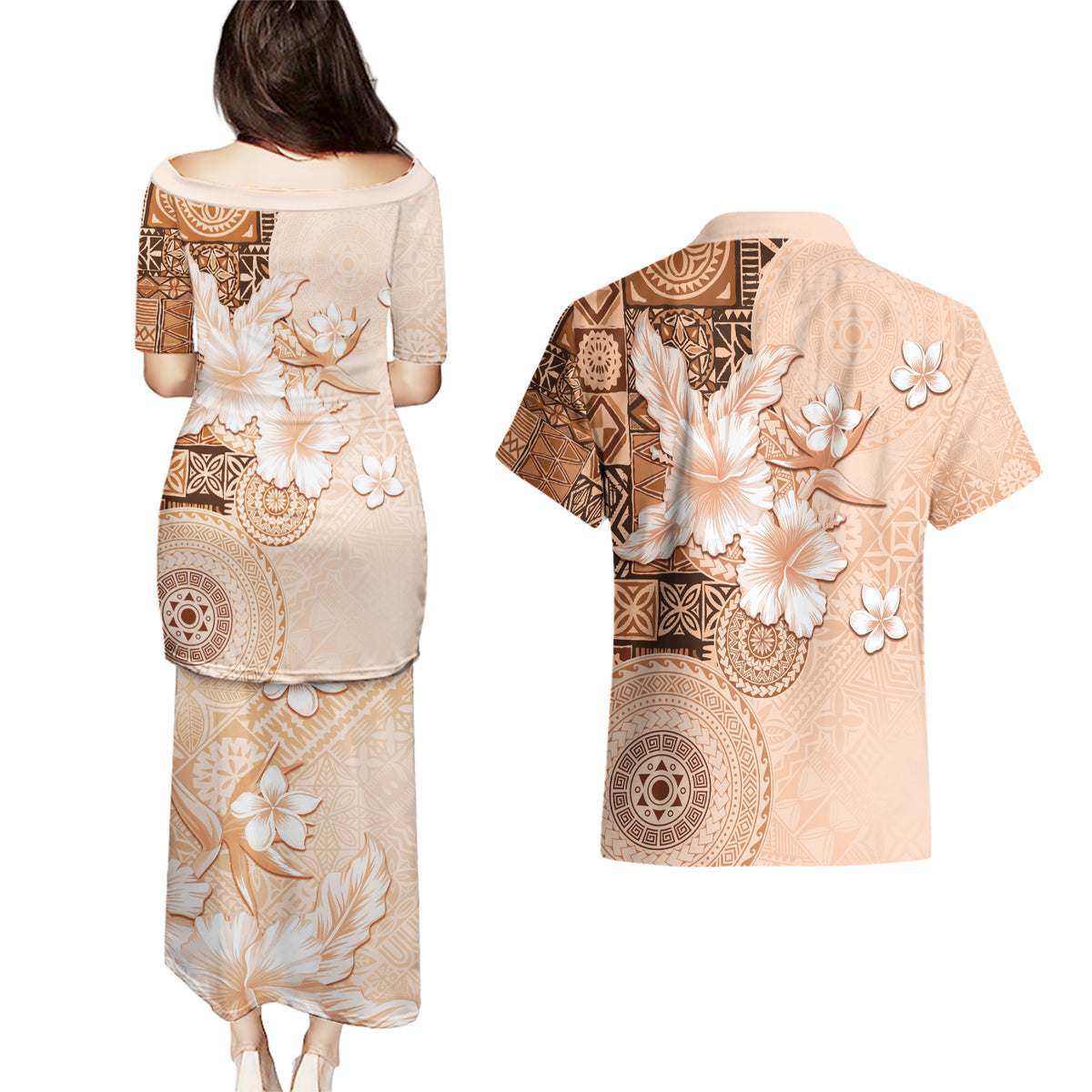Hawaii Tapa Pattern With Brown Hibiscus Couples Matching Puletasi and Hawaiian Shirt
