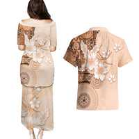 Hawaii Tapa Pattern With Brown Hibiscus Couples Matching Puletasi and Hawaiian Shirt