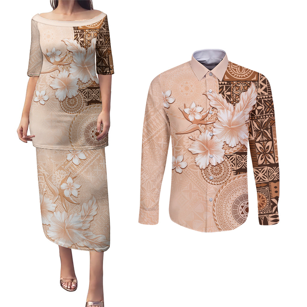 Hawaii Tapa Pattern With Brown Hibiscus Couples Matching Puletasi and Long Sleeve Button Shirt LT05 Brown - Polynesian Pride