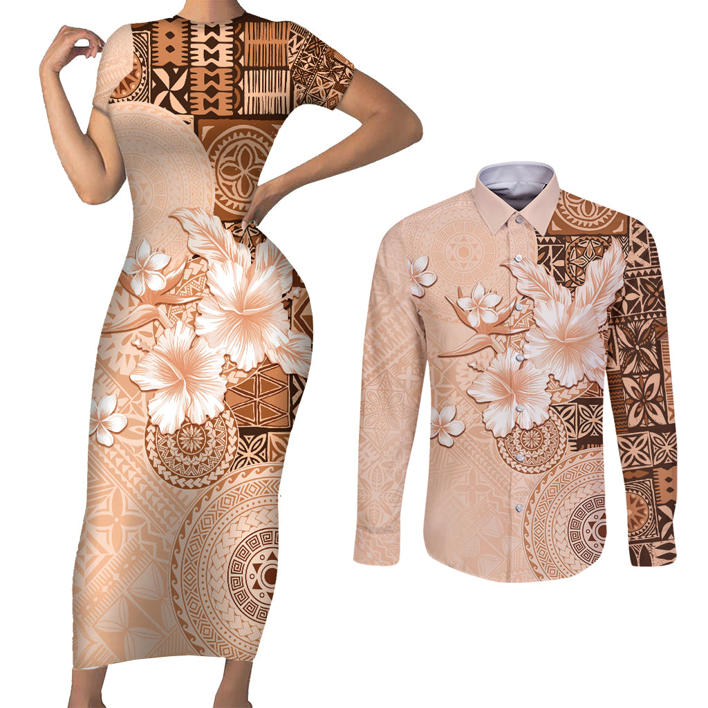 Hawaii Tapa Pattern With Brown Hibiscus Couples Matching Short Sleeve Bodycon Dress and Long Sleeve Button Shirt LT05 Brown - Polynesian Pride