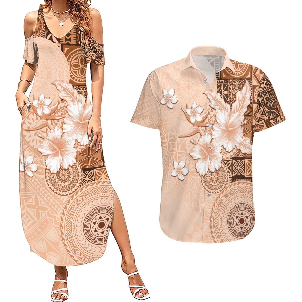 Hawaii Tapa Pattern With Brown Hibiscus Couples Matching Summer Maxi Dress and Hawaiian Shirt LT05 Brown - Polynesian Pride