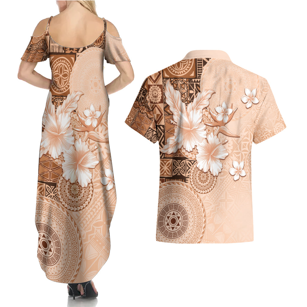 Hawaii Tapa Pattern With Brown Hibiscus Couples Matching Summer Maxi Dress and Hawaiian Shirt
