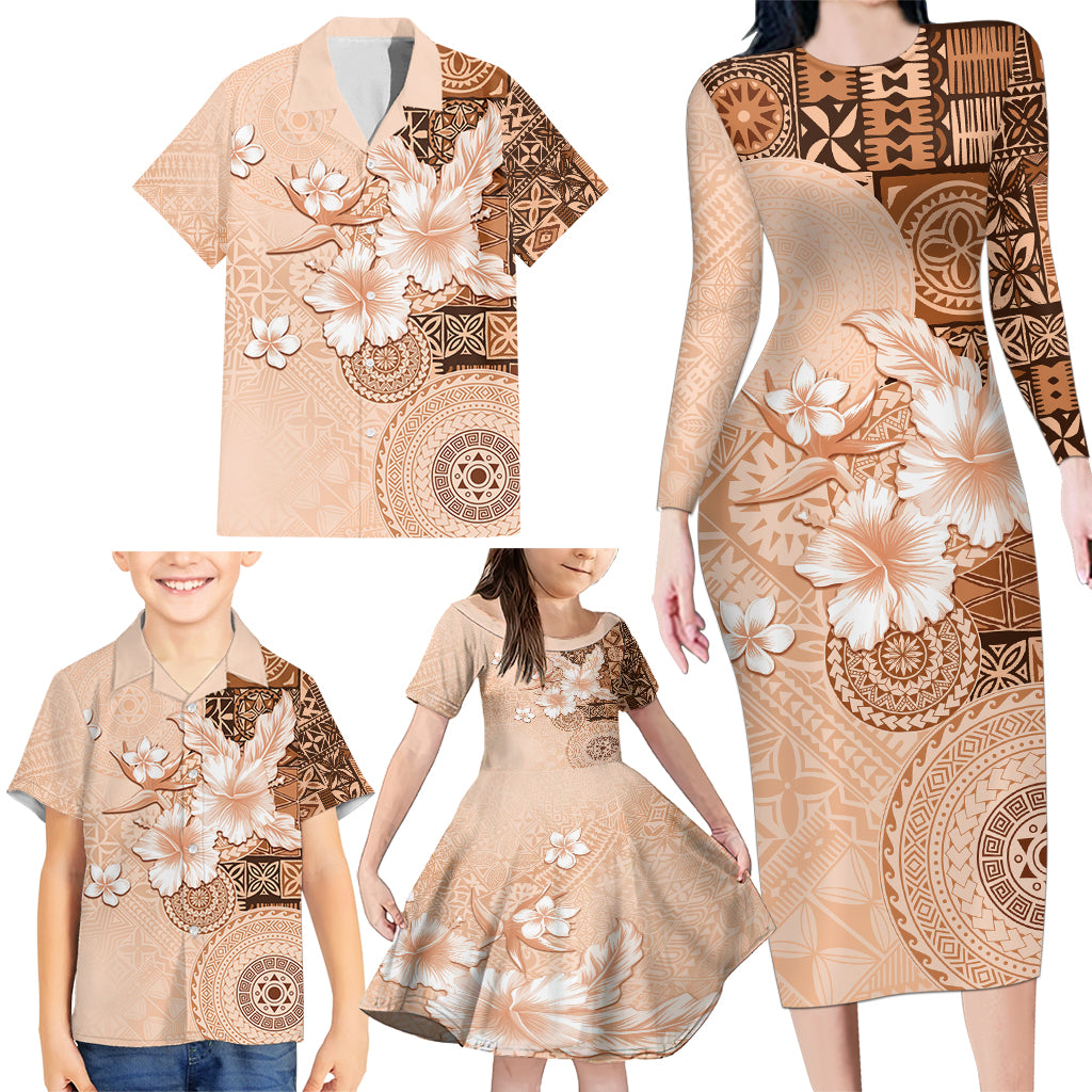 Hawaii Tapa Pattern With Brown Hibiscus Family Matching Long Sleeve Bodycon Dress and Hawaiian Shirt LT05 - Polynesian Pride