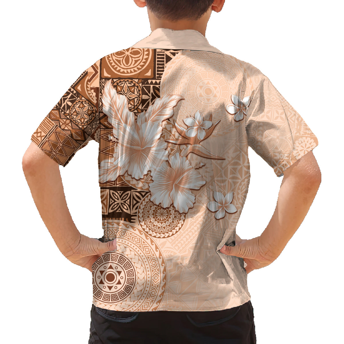 Hawaii Tapa Pattern With Brown Hibiscus Family Matching Off The Shoulder Long Sleeve Dress and Hawaiian Shirt LT05 - Polynesian Pride