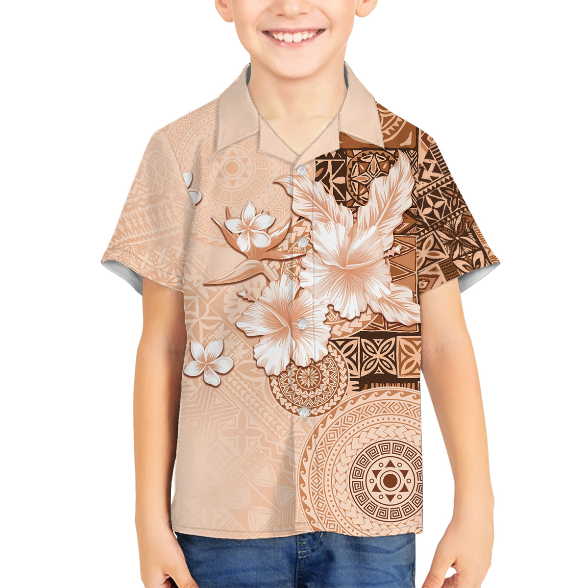 Hawaii Tapa Pattern With Brown Hibiscus Family Matching Off The Shoulder Long Sleeve Dress and Hawaiian Shirt LT05 Son's Shirt Brown - Polynesian Pride