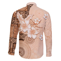 Hawaii Tapa Pattern With Brown Hibiscus Family Matching Off Shoulder Maxi Dress and Hawaiian Shirt