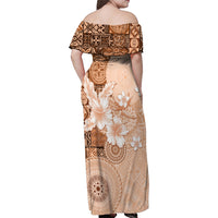 Hawaii Tapa Pattern With Brown Hibiscus Family Matching Off Shoulder Maxi Dress and Hawaiian Shirt