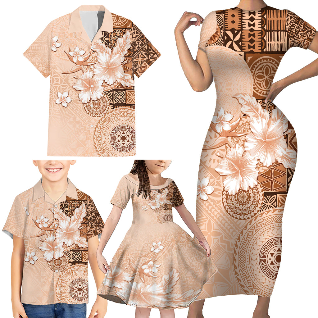 Hawaii Tapa Pattern With Brown Hibiscus Family Matching Short Sleeve Bodycon Dress and Hawaiian Shirt LT05 - Polynesian Pride