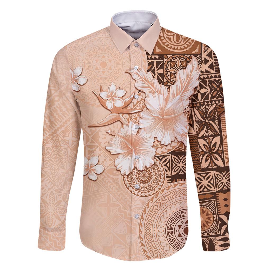 Hawaii Tapa Pattern With Brown Hibiscus Family Matching Summer Maxi Dress and Hawaiian Shirt LT05 Dad's Shirt - Long Sleeve Brown - Polynesian Pride
