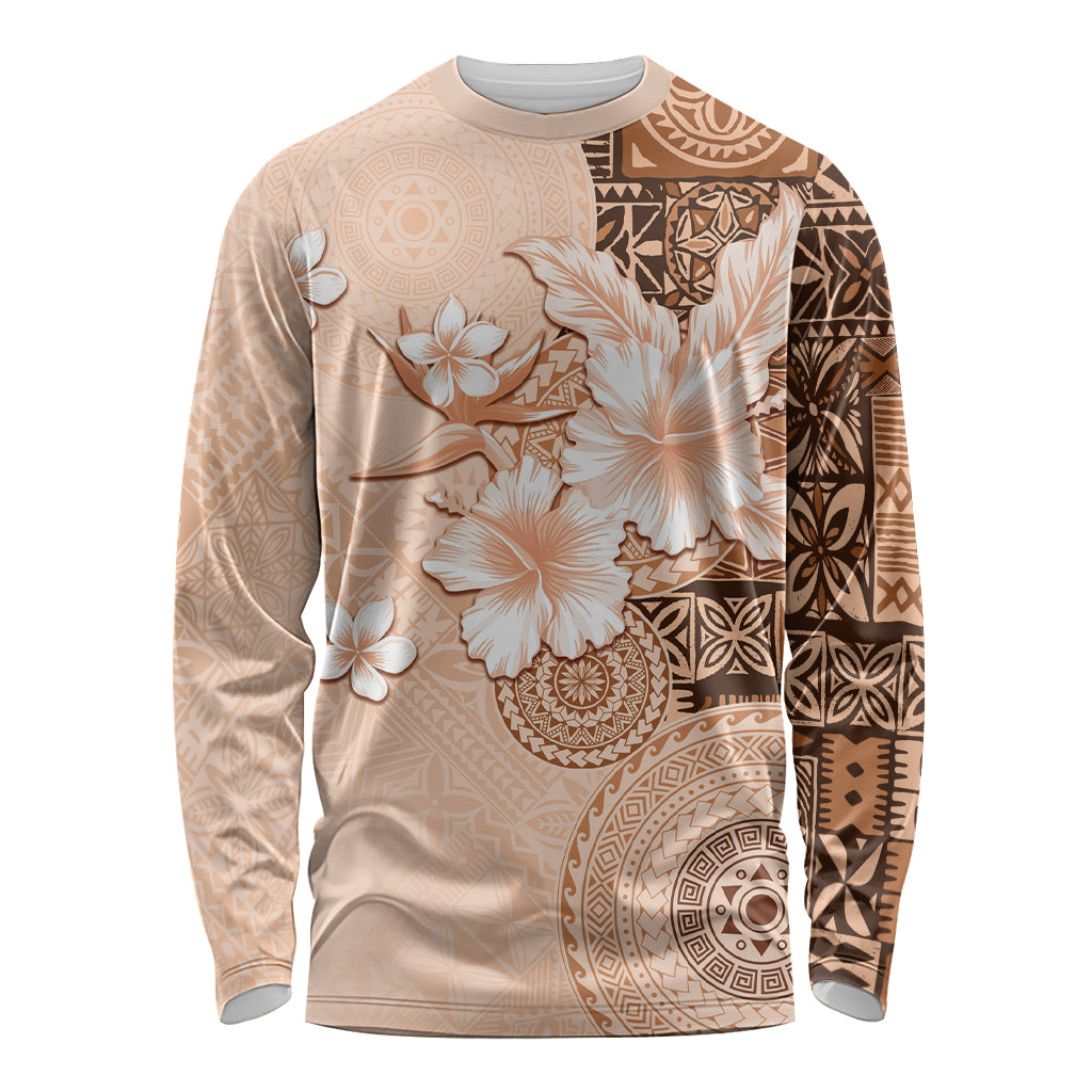 Hawaii Tapa Pattern With Brown Hibiscus Long Sleeve Shirt LT05 Unisex Brown - Polynesian Pride