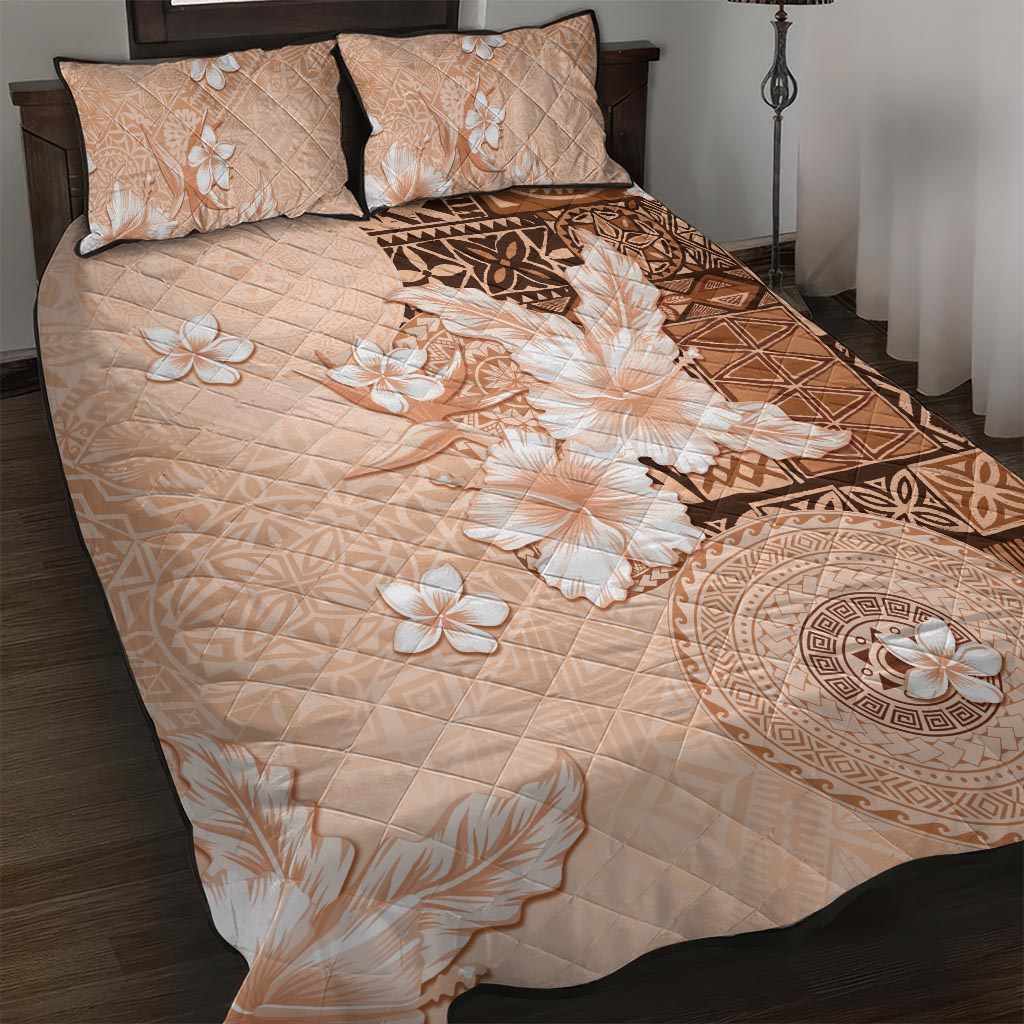 Hawaii Tapa Pattern With Brown Hibiscus Quilt Bed Set LT05 Brown - Polynesian Pride