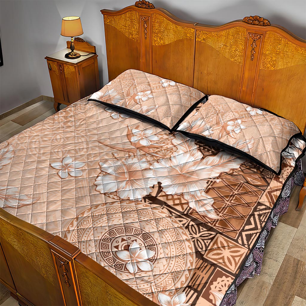Hawaii Tapa Pattern With Brown Hibiscus Quilt Bed Set LT05 - Polynesian Pride