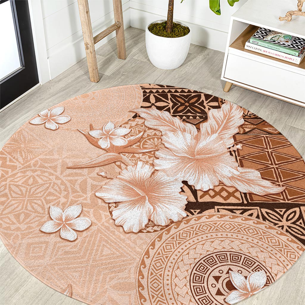 Hawaii Tapa Pattern With Brown Hibiscus Round Carpet LT05 Brown - Polynesian Pride