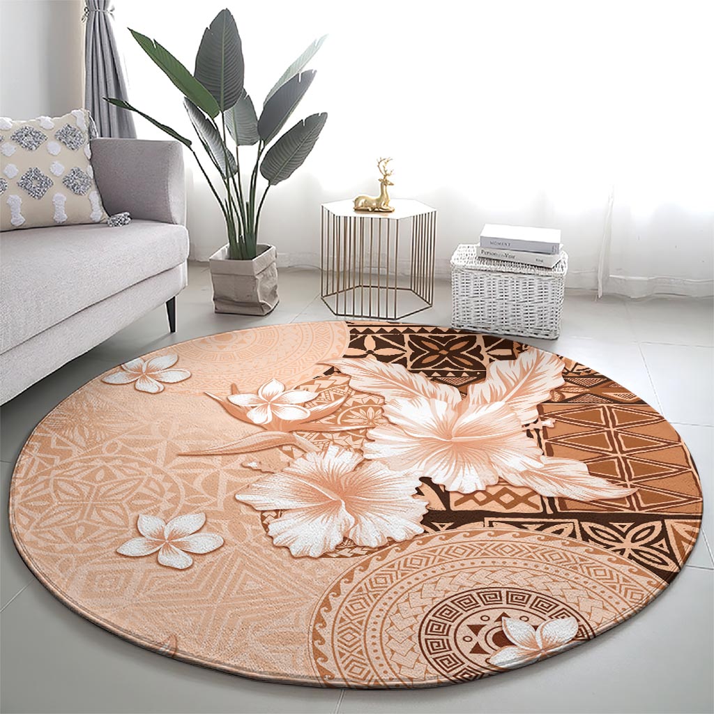 Hawaii Tapa Pattern With Brown Hibiscus Round Carpet LT05 - Polynesian Pride
