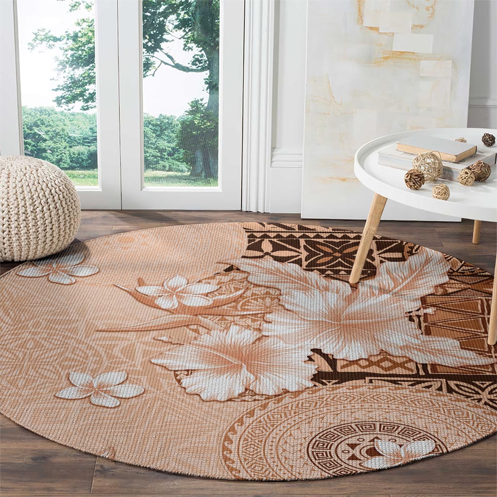 Hawaii Tapa Pattern With Brown Hibiscus Round Carpet LT05 - Polynesian Pride
