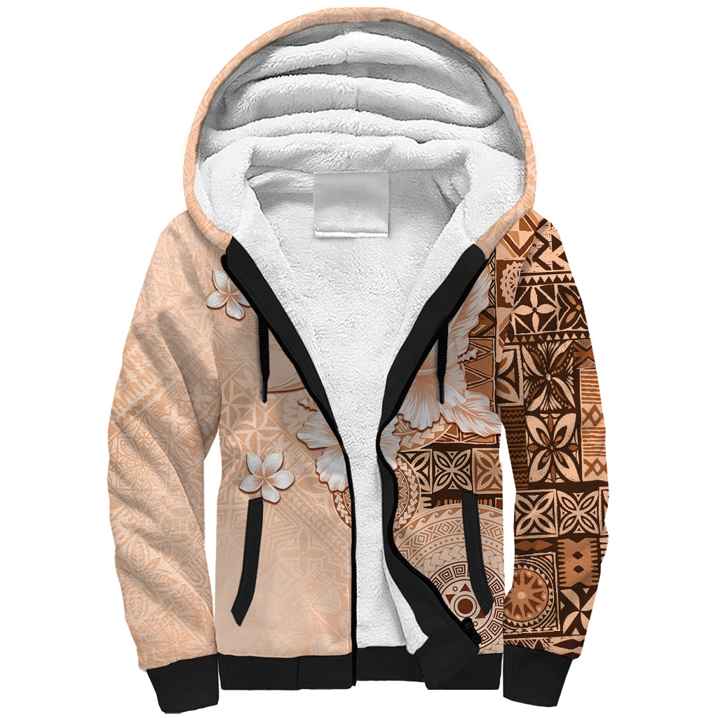 Hawaii Tapa Pattern With Brown Hibiscus Sherpa Hoodie LT05 Unisex Brown - Polynesian Pride