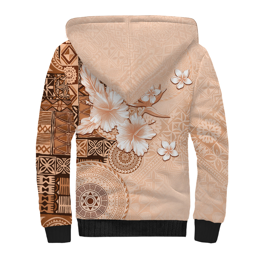 Hawaii Tapa Pattern With Brown Hibiscus Sherpa Hoodie