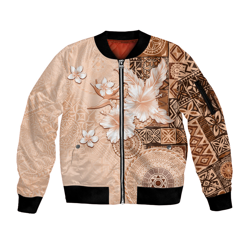 Hawaii Tapa Pattern With Brown Hibiscus Sleeve Zip Bomber Jacket LT05 Unisex Brown - Polynesian Pride