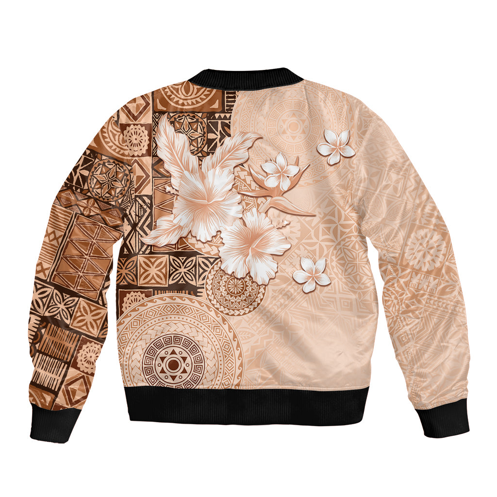 Hawaii Tapa Pattern With Brown Hibiscus Sleeve Zip Bomber Jacket