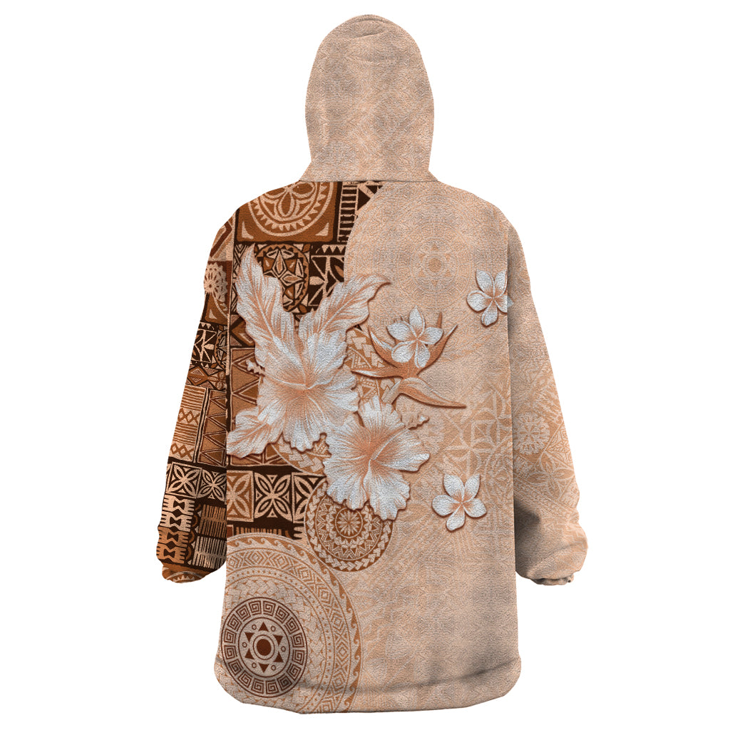 Hawaii Tapa Pattern With Brown Hibiscus Wearable Blanket Hoodie