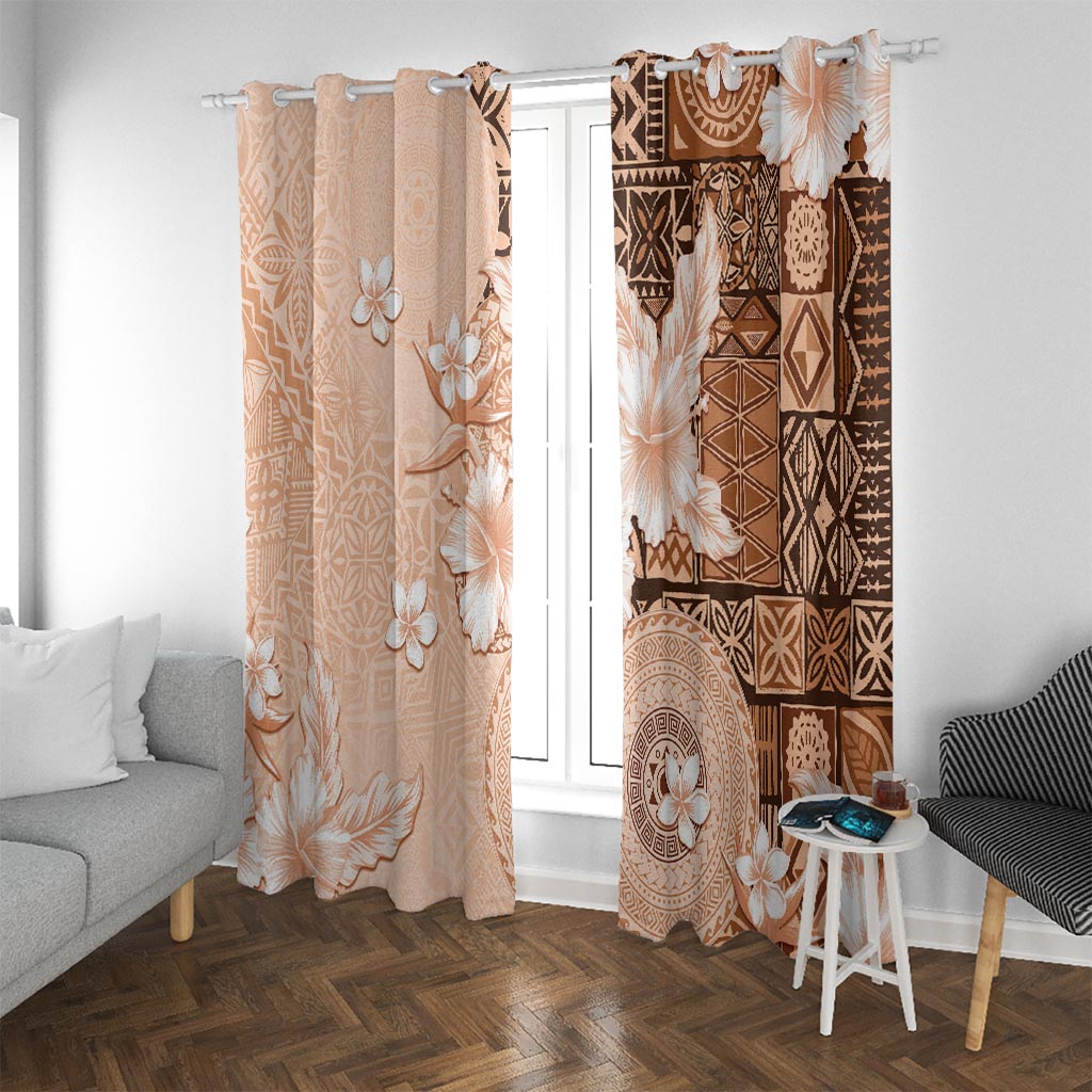 Hawaii Tapa Pattern With Brown Hibiscus Window Curtain