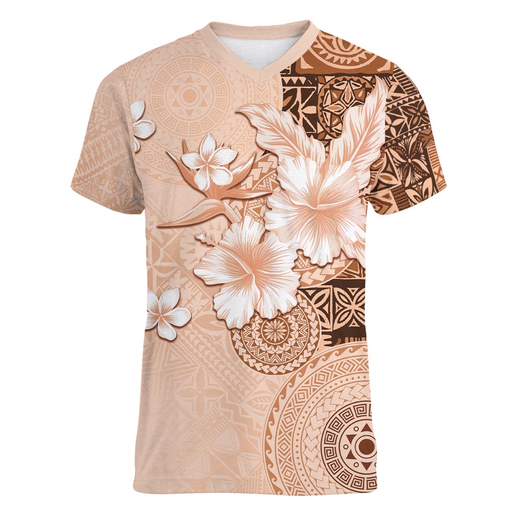 Hawaii Tapa Pattern With Brown Hibiscus Women V-Neck T-Shirt LT05 Female Brown - Polynesian Pride
