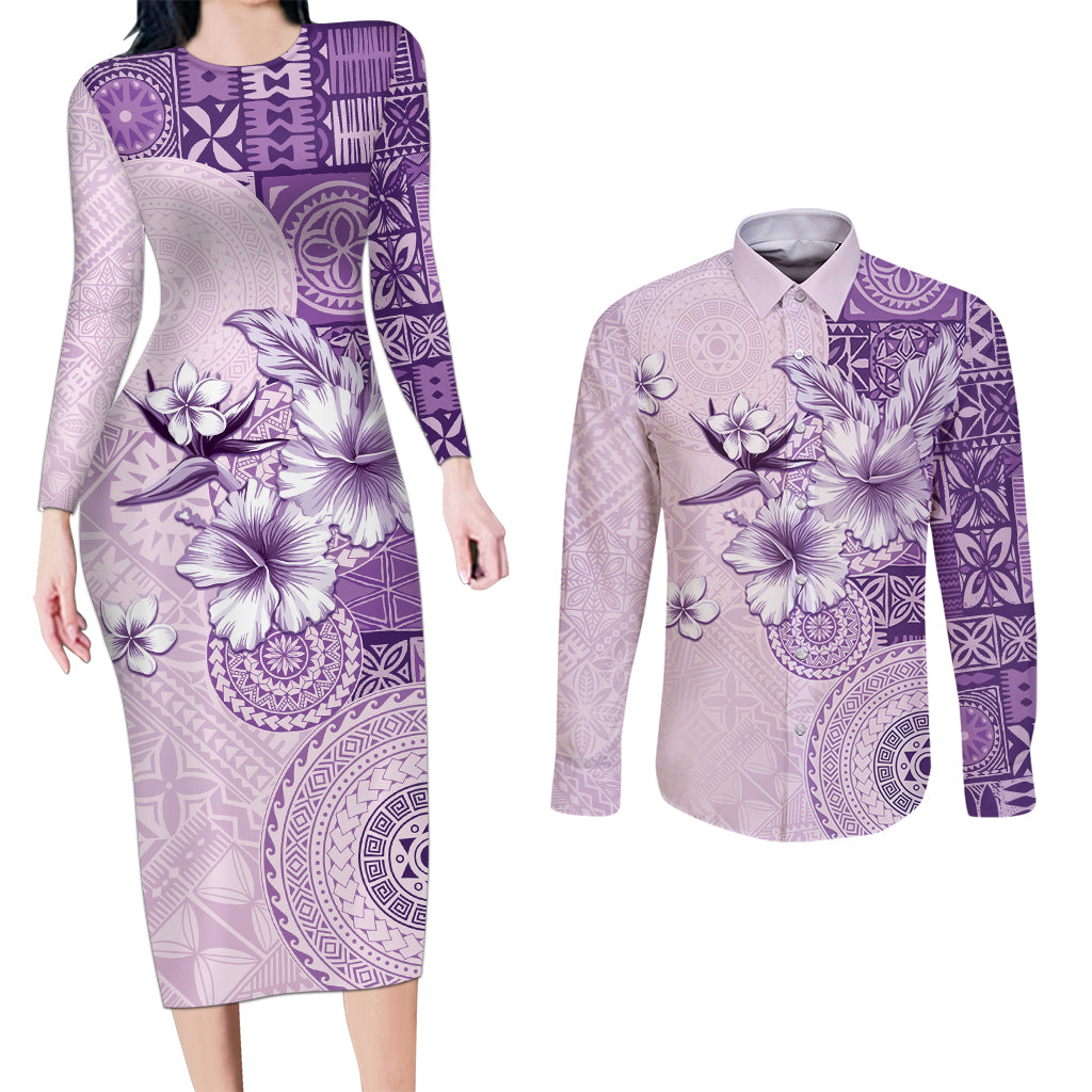 Hawaii Tapa Pattern With Violet Hibiscus Couples Matching Long Sleeve Bodycon Dress and Long Sleeve Button Shirt