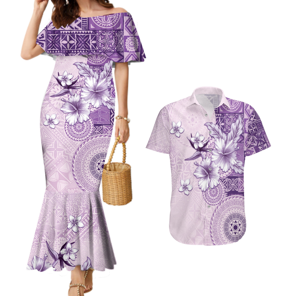 Hawaii Tapa Pattern With Violet Hibiscus Couples Matching Mermaid Dress and Hawaiian Shirt LT05 Violet - Polynesian Pride