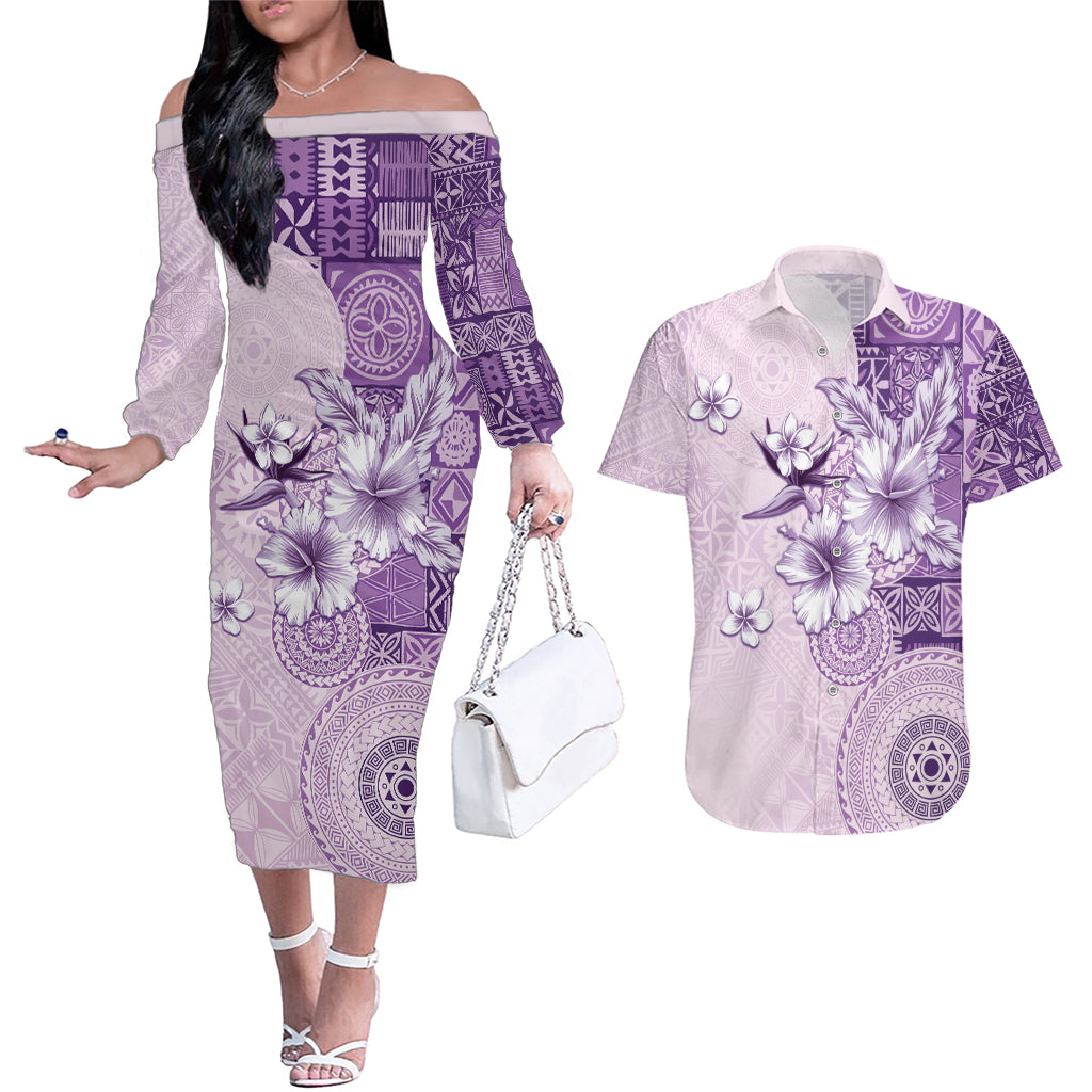 Hawaii Tapa Pattern With Violet Hibiscus Couples Matching Off The Shoulder Long Sleeve Dress and Hawaiian Shirt LT05 Violet - Polynesian Pride