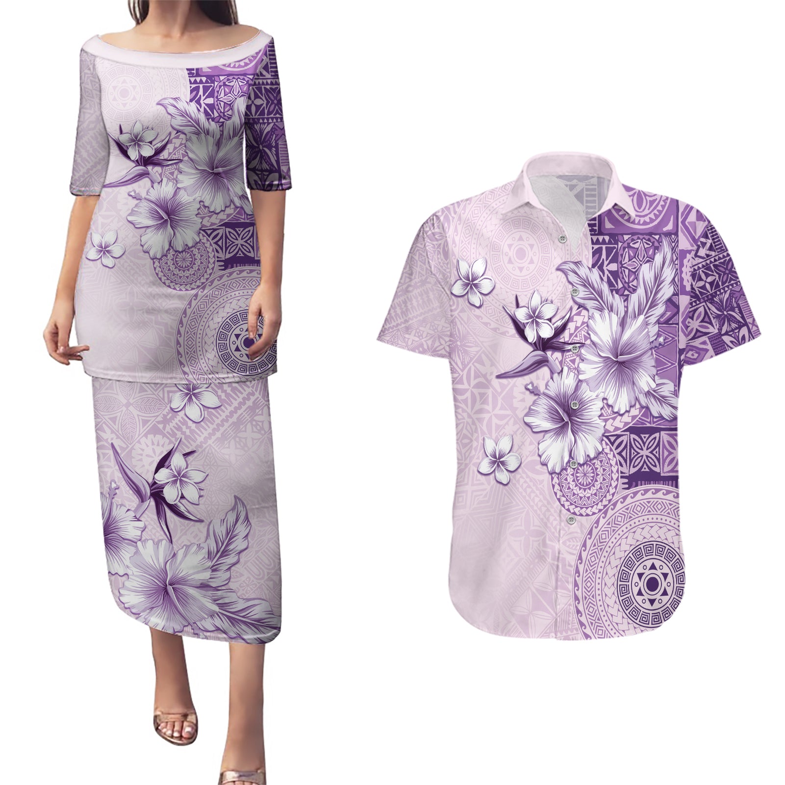 Hawaii Tapa Pattern With Violet Hibiscus Couples Matching Puletasi and Hawaiian Shirt