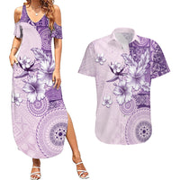 Hawaii Tapa Pattern With Violet Hibiscus Couples Matching Summer Maxi Dress and Hawaiian Shirt