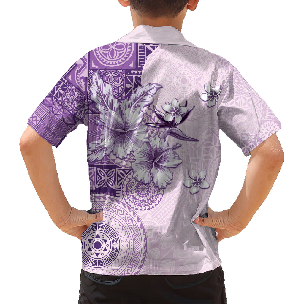 Hawaii Tapa Pattern With Violet Hibiscus Family Matching Long Sleeve Bodycon Dress and Hawaiian Shirt LT05 - Polynesian Pride