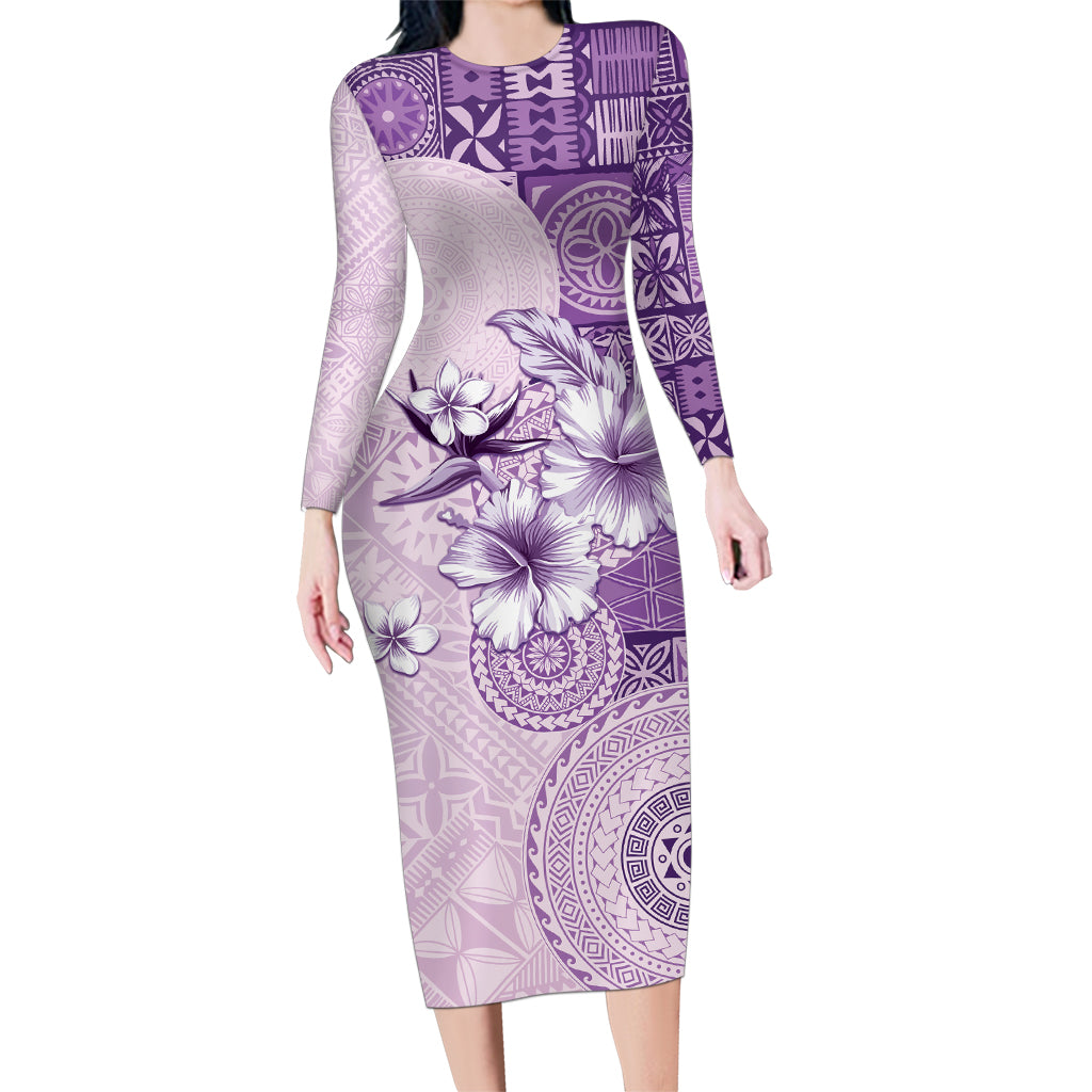 Hawaii Tapa Pattern With Violet Hibiscus Family Matching Long Sleeve Bodycon Dress and Hawaiian Shirt LT05 Mom's Dress Violet - Polynesian Pride