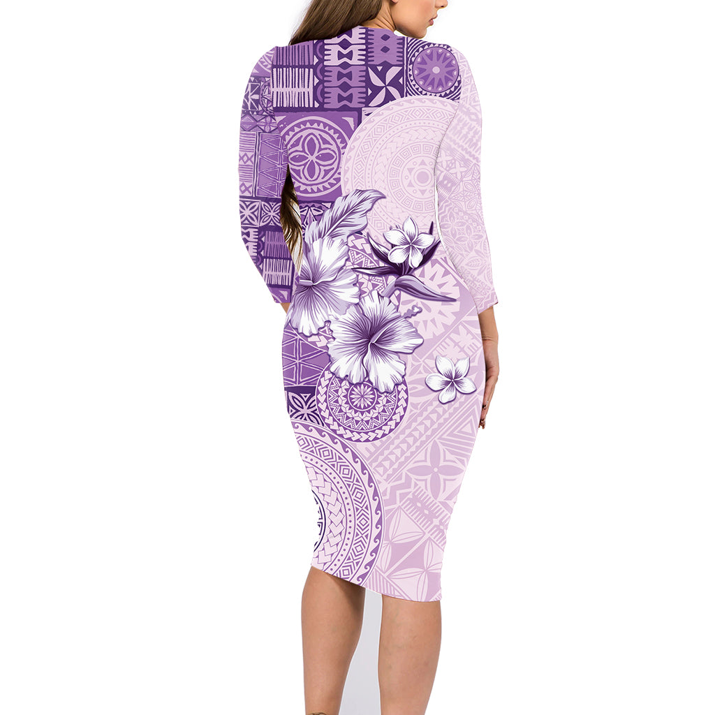 Hawaii Tapa Pattern With Violet Hibiscus Family Matching Long Sleeve Bodycon Dress and Hawaiian Shirt LT05 - Polynesian Pride