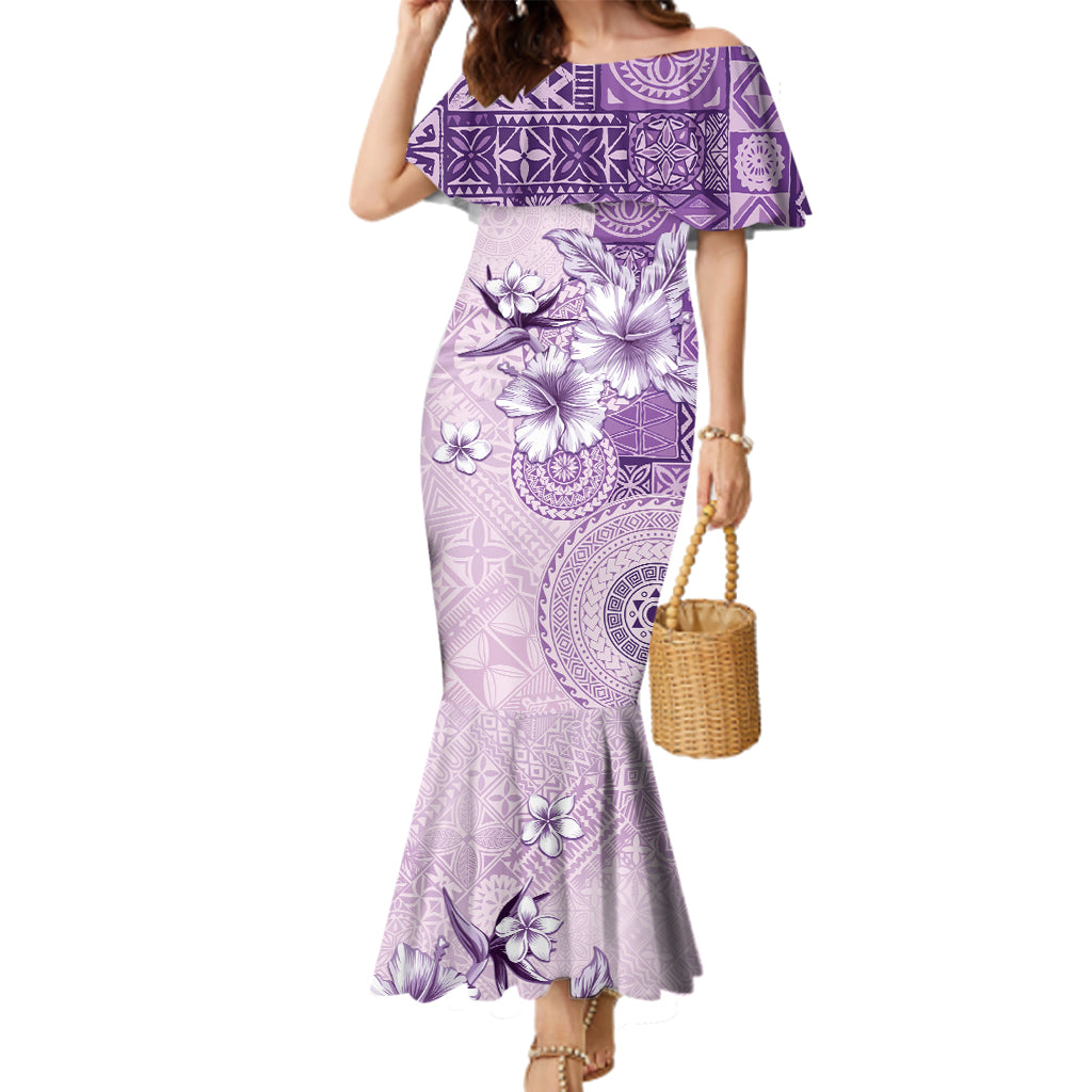Hawaii Tapa Pattern With Violet Hibiscus Family Matching Mermaid Dress and Hawaiian Shirt