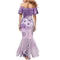 Hawaii Tapa Pattern With Violet Hibiscus Family Matching Mermaid Dress and Hawaiian Shirt