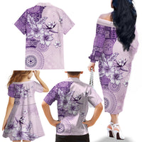 Hawaii Tapa Pattern With Violet Hibiscus Family Matching Off The Shoulder Long Sleeve Dress and Hawaiian Shirt LT05 - Polynesian Pride