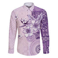 Hawaii Tapa Pattern With Violet Hibiscus Family Matching Off The Shoulder Long Sleeve Dress and Hawaiian Shirt LT05 Dad's Shirt - Long Sleeve Violet - Polynesian Pride