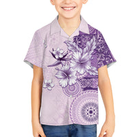 Hawaii Tapa Pattern With Violet Hibiscus Family Matching Off The Shoulder Long Sleeve Dress and Hawaiian Shirt LT05 Son's Shirt Violet - Polynesian Pride