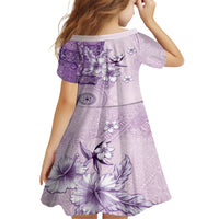 Hawaii Tapa Pattern With Violet Hibiscus Family Matching Puletasi and Hawaiian Shirt