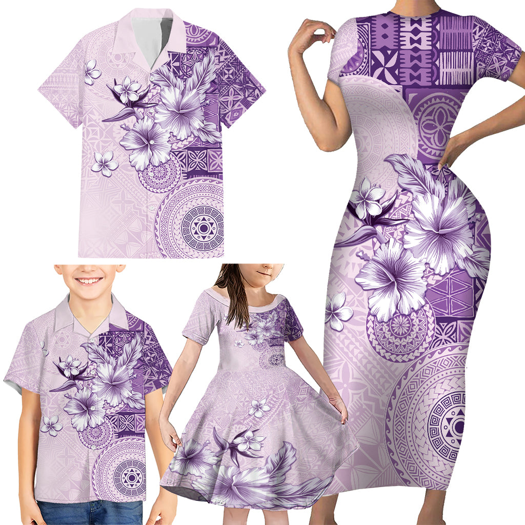 Hawaii Tapa Pattern With Violet Hibiscus Family Matching Short Sleeve Bodycon Dress and Hawaiian Shirt LT05 - Polynesian Pride