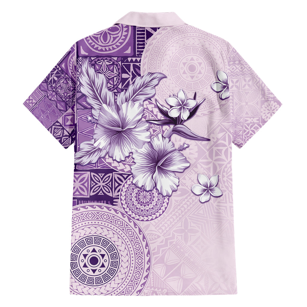 Hawaii Tapa Pattern With Violet Hibiscus Family Matching Short Sleeve Bodycon Dress and Hawaiian Shirt