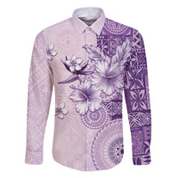 Hawaii Tapa Pattern With Violet Hibiscus Family Matching Summer Maxi Dress and Hawaiian Shirt LT05 Dad's Shirt - Long Sleeve Violet - Polynesian Pride
