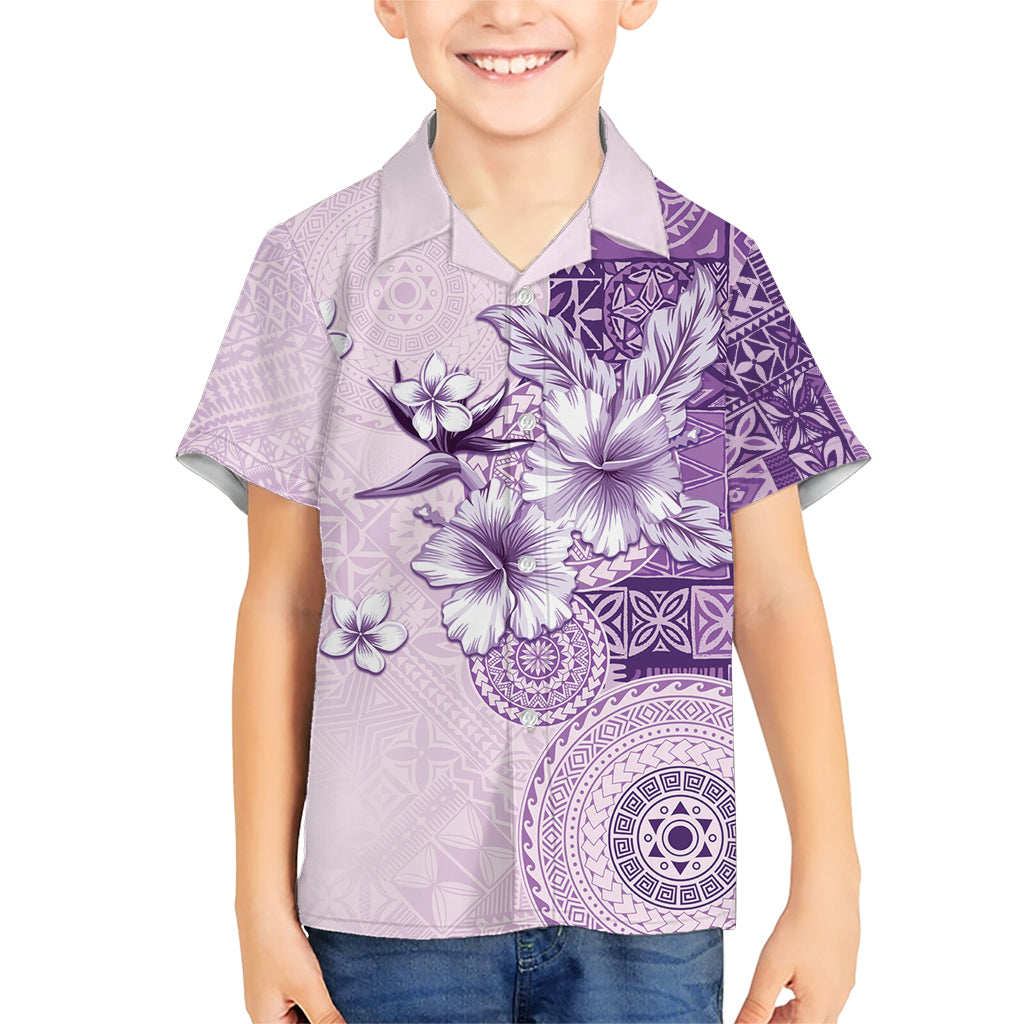 Hawaii Tapa Pattern With Violet Hibiscus Kid Hawaiian Shirt