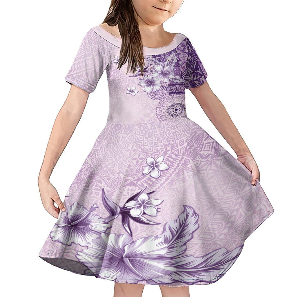 Hawaii Tapa Pattern With Violet Hibiscus Kid Short Sleeve Dress