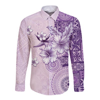 Hawaii Tapa Pattern With Violet Hibiscus Long Sleeve Button Shirt LT05 Unisex Violet - Polynesian Pride