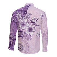 Hawaii Tapa Pattern With Violet Hibiscus Long Sleeve Button Shirt LT05 - Polynesian Pride