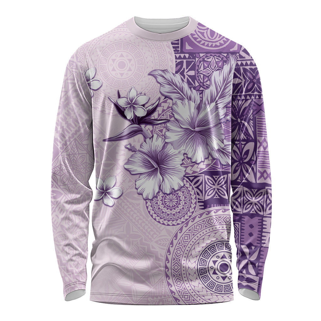 Hawaii Tapa Pattern With Violet Hibiscus Long Sleeve Shirt LT05 Unisex Violet - Polynesian Pride