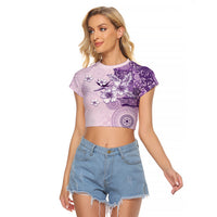 Hawaii Tapa Pattern With Violet Hibiscus Raglan Cropped T Shirt