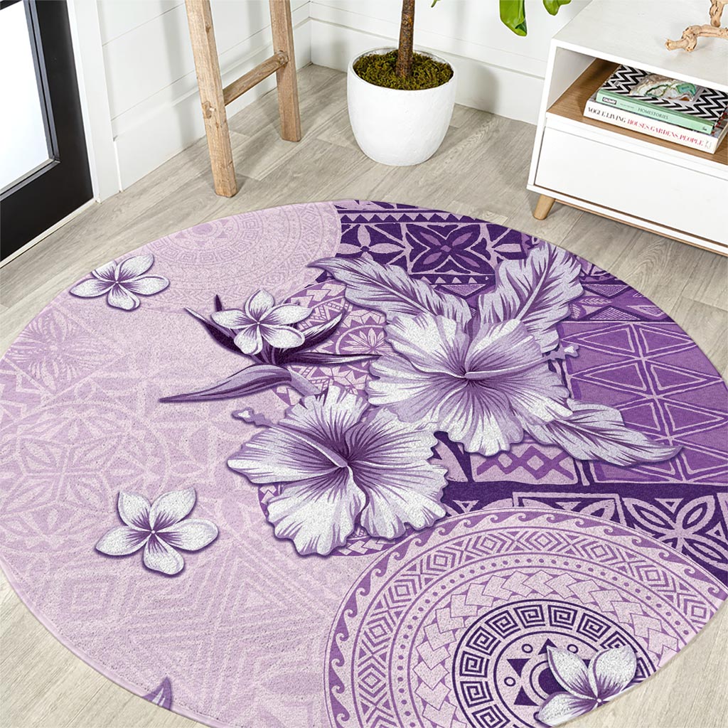 Hawaii Tapa Pattern With Violet Hibiscus Round Carpet LT05 Violet - Polynesian Pride